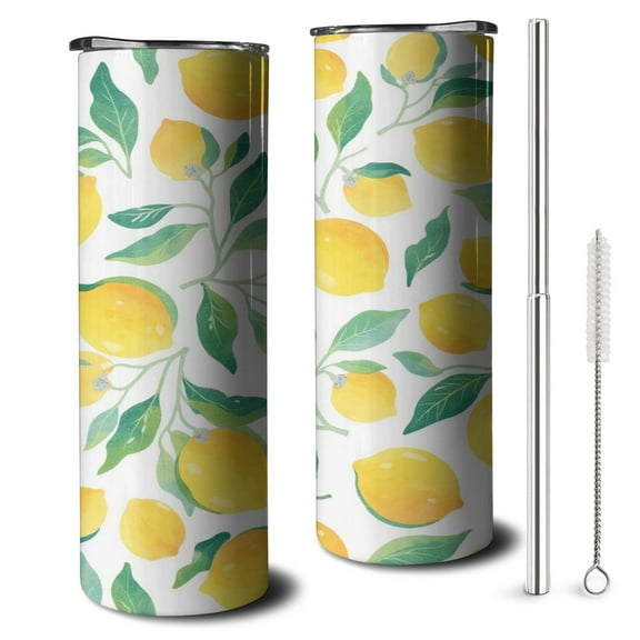 Lemon Skinny Tumbler with Lid Straw Double Wall Travel Cups Decorative Thermal Insulated 20 oz Coffee Mug for Spring Summer Camping Outdoor