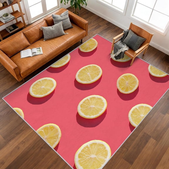 Lemon Slice Fruit Area Rug, Summer Citrus Pattern Carpet, Washable Non Slip Low Pile Soft Thin, Living Room Bedroom Home Decor Mat 5x8ft