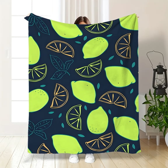 Lemon Slice Print Flannel Blanket Soft AllSeason Bright Lime Green & Navy Blue with Yellow Citrus Design, Cozy  for Bed, Couch, Camping, Travel Machine Washable Contemporary Home Decor