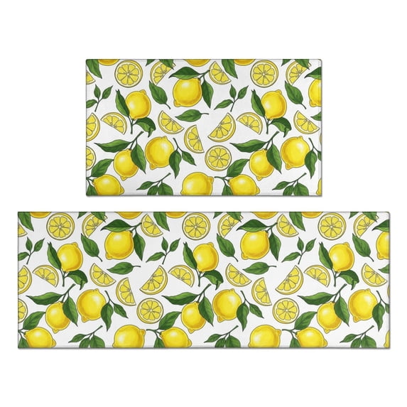 Lemon and Slice White Pattern Anti Fatigue Kitchen Rugs Set Of 2, Non Slip Washable Decorative Floor Mats for Kitchen Sink Laundry, 17"x30" and 17"x47"