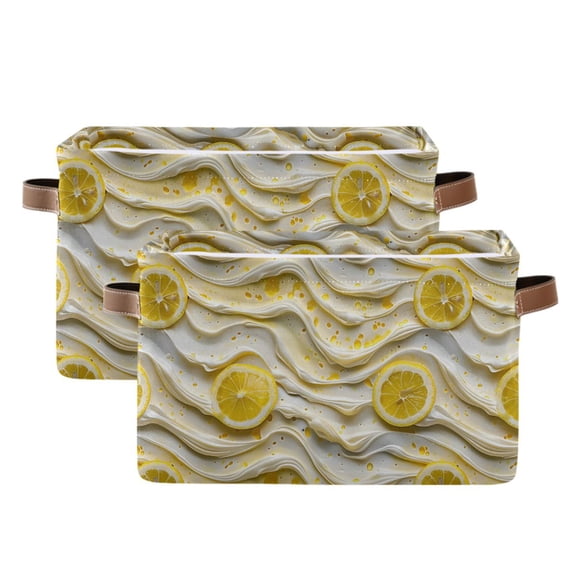 Lemon Slice and Cream Storage Bins with Handle Fabric Organizer Basket Foldable Box 2 Pack 14.2x10.2x8.3