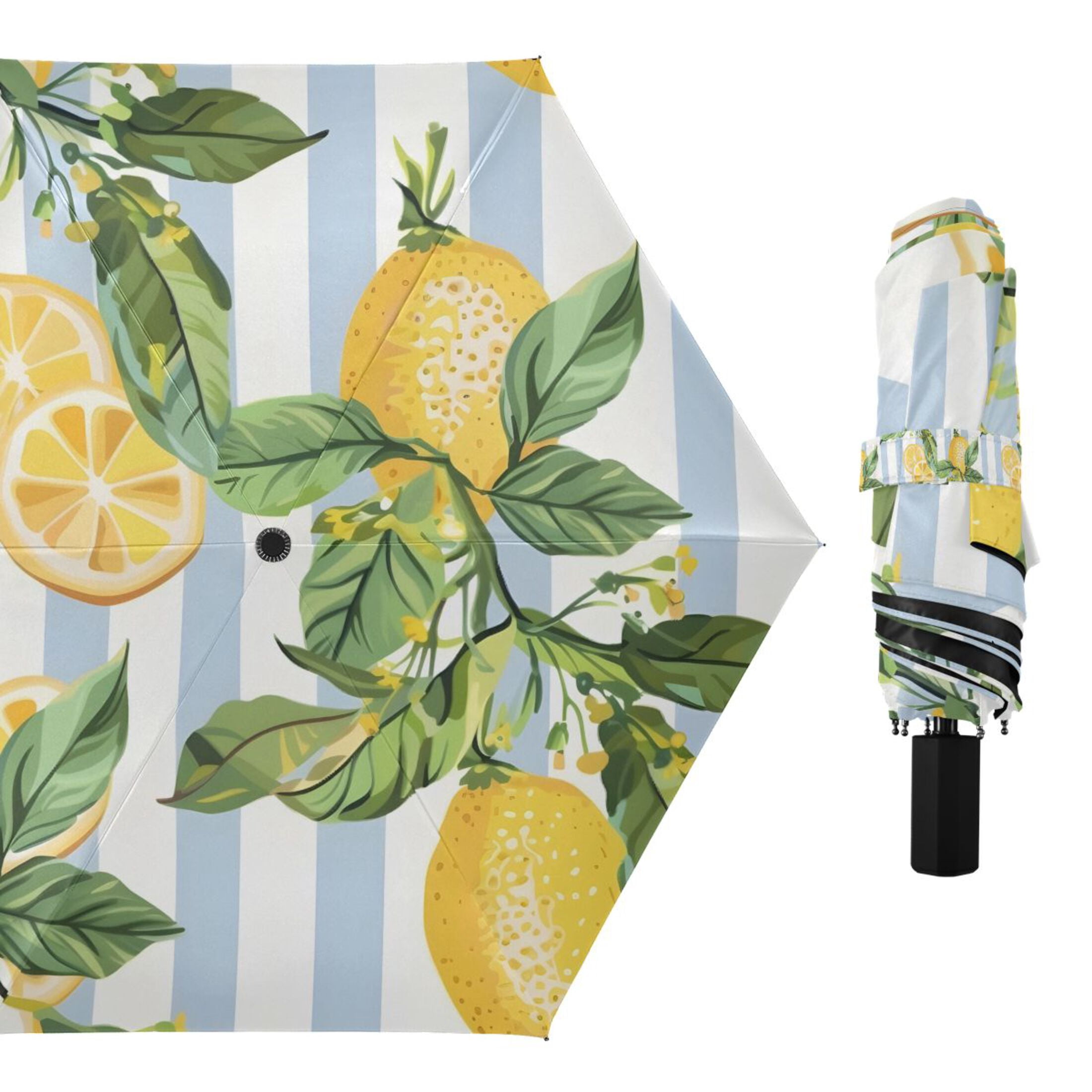Lemon Slice and Leaves Compact Sun Umbrella Windproof Travel Umbrellas for Rain Strong Portable UV Protection