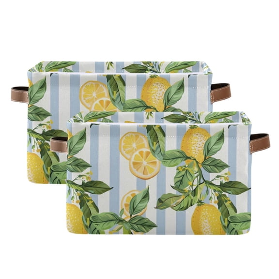 Lemon Slice and Leaves Storage Bins with Handle Fabric Organizer Basket Foldable Box 2 Pack 14.2x10.2x8.3