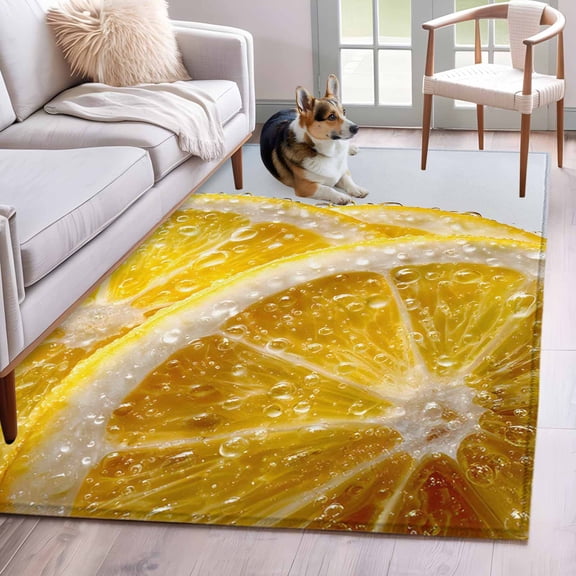 Lemon Slices 3x5 Area Rugs for Living Room, Water Droplets Summer Yellow Fruit Non Slip Floor Mat Washable Low-Profile Indoor Carpet for Bedroom, Dining Room, Bathroom