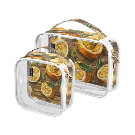 Lemon Slices Leaves Clear Cosmetic Bags with Handles PVC Toiletry Bags Zipper Waterproof Portable for Traveling 2 Pcs