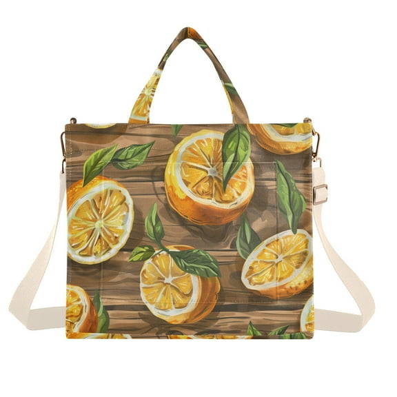 Lemon Slices Leaves Corduroy Tote Bag Handbag Large Messenger Bag Shoulder Crossbody Zipper Bag Purse
