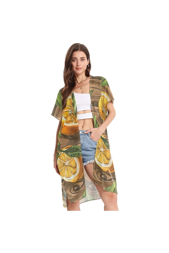 Lemon Slices Leaves Women Swimsuit Cover up V Neck Beach Dress Short Sleeve Vacation Outfits Swimwear