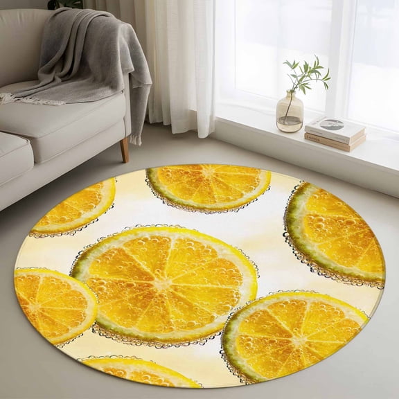 Lemon Slices Round Rugs for Living Room 3ft Fruit Summer Tangerine Non Slip Circle Rug Washable Low-Profile Indoor Carpet for Bedroom, Dining Room, Bathroom