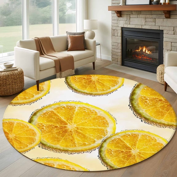 Lemon Slices Round Rugs for Living Room 5ft Fruit Summer Tangerine Non Slip Circle Rug Washable Low-Profile Indoor Carpet for Bedroom, Dining Room, Bathroom