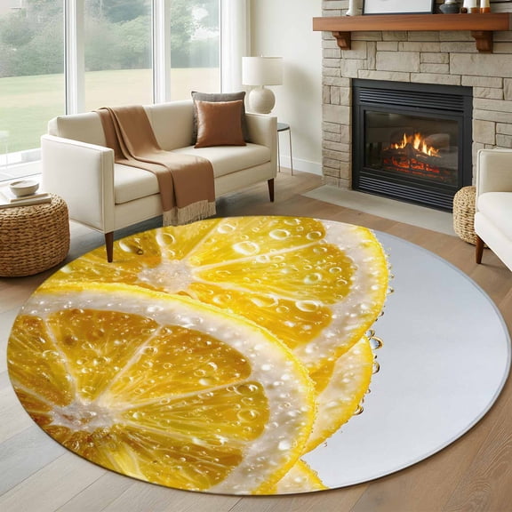 Lemon Slices Round Rugs for Living Room 7ft Water Droplets Summer Yellow Fruit Non Slip Circle Rug Washable Low-Profile Indoor Carpet for Bedroom, Dining Room, Bathroom