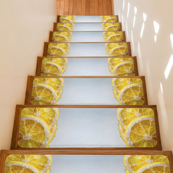 Lemon Slices Stair Treads Non Slip for Steps Water Droplets Summer Yellow Fruit 15 Pcs Reusable Adhesive Stair Runner Mats for Dogs Elders Carpet Treads Rugs for Staircase 8x30 In