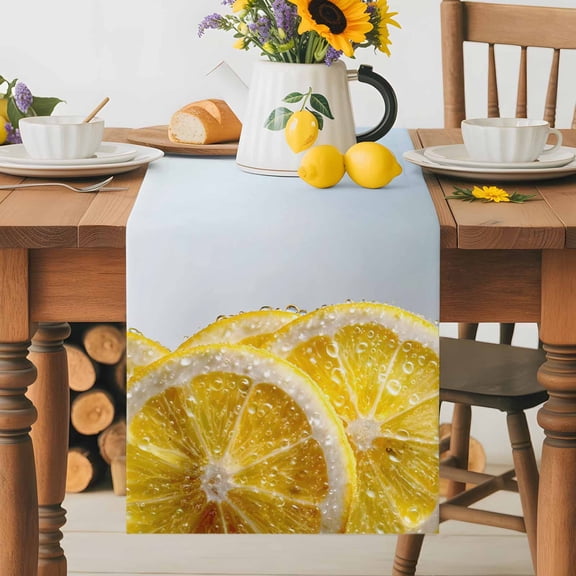 Lemon Slices Table Runner 13x36 Inch Water Droplets Summer Yellow Fruit Cotton Linen Dining Table Runner Ideal for Dresser Kitchen Coffee Tables - Machine Washable