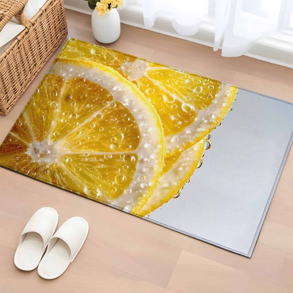 Lemon Slices Washable Area Rug 2 x 3 ft Water Droplets Summer Yellow Fruit , Soft Non Slip Rugs Stain Repellent Indoor Felt Carpet for Living Dining Room Bedroom Home Office
