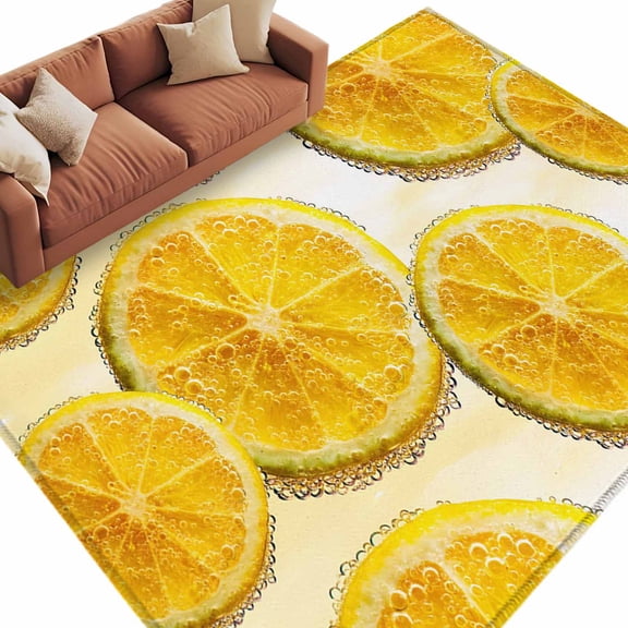 Lemon Slices Washable Living Room Rugs 9'x12', Fruit Summer Tangerine Low Pile Throw Large Area Rug Non-Slip Sturdy Edge Binding Carpet for Bedroom Dining Room Office
