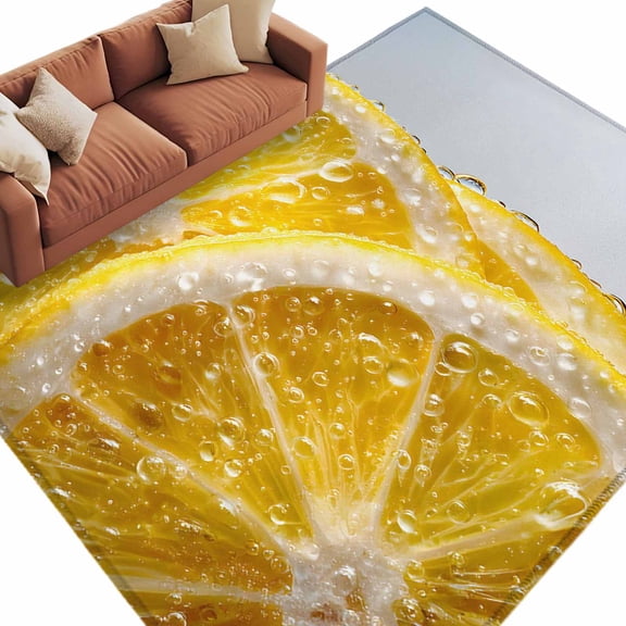 Lemon Slices Washable Living Room Rugs 9'x12', Water Droplets Summer Yellow Fruit Low Pile Throw Large Area Rug Non-Slip Sturdy Edge Binding Carpet for Bedroom Dining Room Office