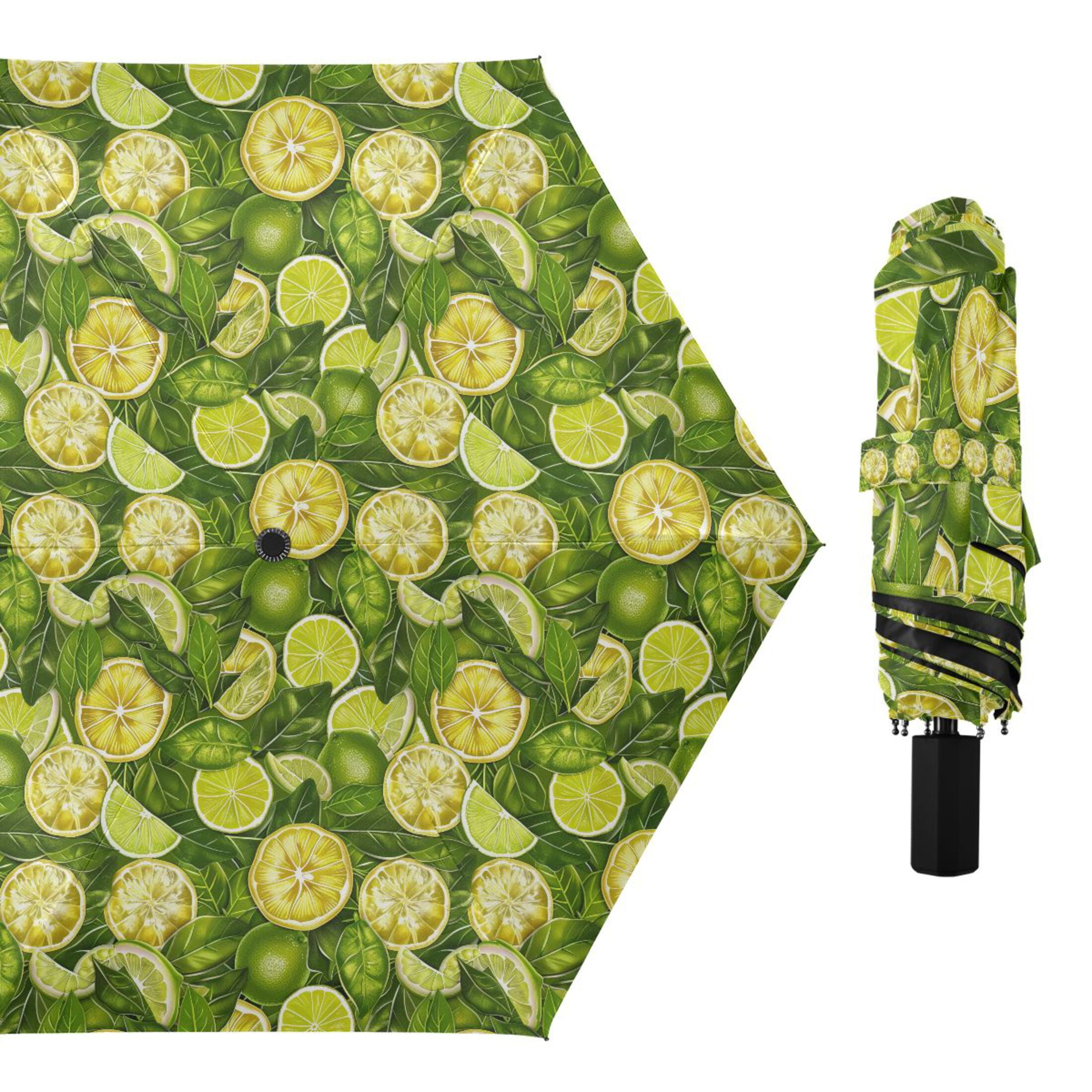 Lemon Slices and Leaves Compact Sun Umbrella Windproof Travel Umbrellas for Rain Strong Portable UV Protection