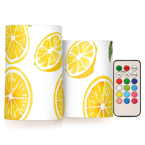 Lemon Slices with Leaves Flickering Flameless Candles LED Tealight Battery Operated with Remote Set of 2 Holiday Decor Ornaments