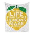 thumbnail image 1 of Lemon Soft Flannel Fleece Blanket, When Life Gives You Lemons Make Lemonade Words on Grunge Lemon Painting, Cozy Plush for Indoor and Outdoor Use, 50" x 60", Mustard Green and White, by Ambesonne, 1 of 6