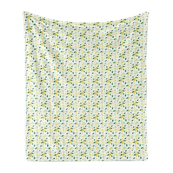 Lemon Soft Flannel Fleece Blanket, Summer Tree Branches Ripe Slices Freshness Juicy Delicious Lemonade Motif, Cozy Plush for Indoor and Outdoor Use, 50" x 60", Yellow Green and White, by Ambesonne