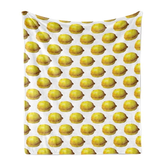 Lemon Soft Flannel Fleece Blanket, Watercolor Painting of Lemon Fruit on Plain Background Food Deco Print, Cozy Plush for Indoor and Outdoor Use, 70" x 90", Yellow and Earth Yellow, by Ambesonne