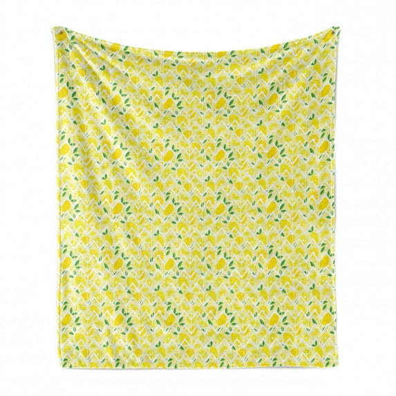 Lemon Soft Flannel Fleece Throw Blanket, Cartoon Lemons with Zigzags Fruit Ornamental Print, Cozy Plush for Indoor and Outdoor Use, 50" x 60", Mustard Lime Green, by Ambesonne