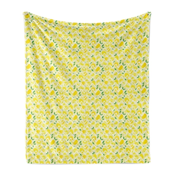 Lemon Soft Flannel Fleece Throw Blanket, Cartoon Lemons with Zigzags Fruit Ornamental Print, Cozy Plush for Indoor and Outdoor Use, 50" x 70", Mustard Lime Green, by Ambesonne