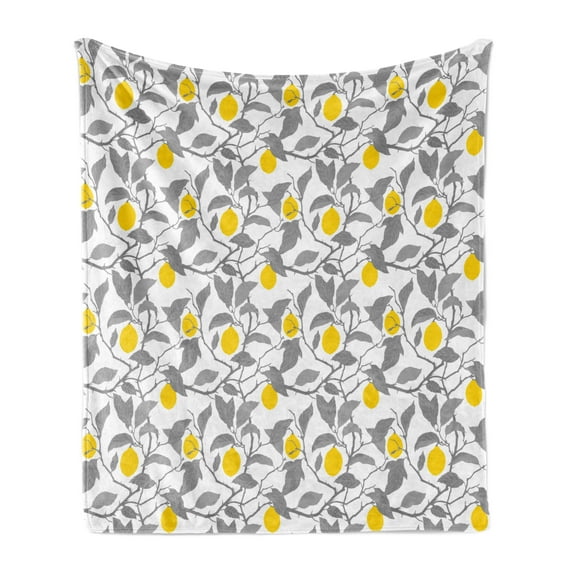 Lemon Soft Flannel Fleece Throw Blanket, Citrus Fruits on Greyscale Tree Branches Vintage Style Illustration Ornate, Cozy Plush for Indoor and Outdoor Use, 50" x 70", Grey Yellow White, by Ambesonne