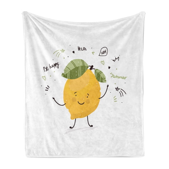 Lemon Soft Flannel Fleece Throw Blanket, Funny Lemon Doodle Be Happy Summer Key Typography, Cozy Plush for Indoor and Outdoor Use, 50" x 60", Olive Green Earth Yellow, by Ambesonne