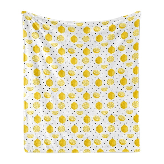 Lemon Soft Flannel Fleece Throw Blanket, Summer Pattern of Whole and Halved Citrus Fruit with Polka Dots, Cozy Plush for Indoor and Outdoor Use, 60" x 80", Mustard Charcoal Grey, by Ambesonne