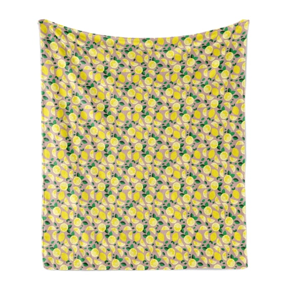 Lemon Soft Flannel Fleece Throw Blanket, Vibrant Colored Sliced and Whole Lemons Summer Theme Vintage Print, Cozy Plush for Indoor and Outdoor Use, 50" x 70", Dried Rose Yellow, by Ambesonne