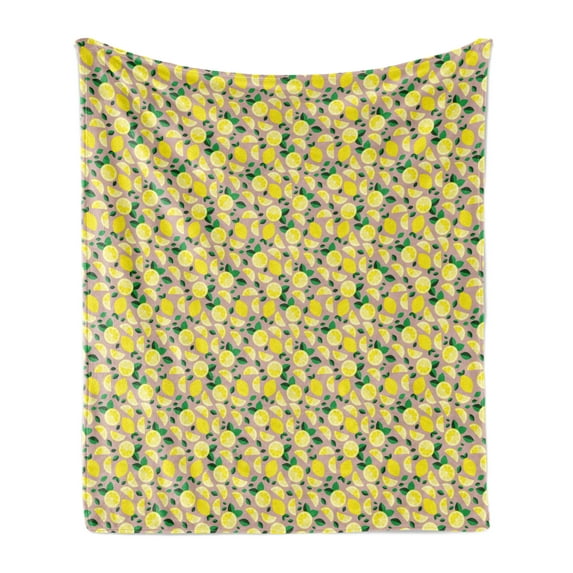 Lemon Soft Flannel Fleece Throw Blanket, Vibrant Colored Sliced and Whole Lemons Summer Theme Vintage Print, Cozy Plush for Indoor and Outdoor Use, 60" x 80", Dried Rose Yellow, by Ambesonne