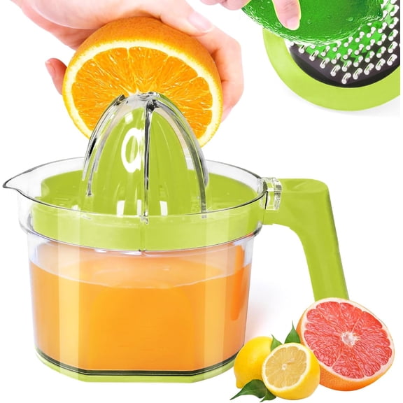 Lemon Squeezer, PETGLE Multifunctional Citrus Hand Juicer, Lemon Lime Squeezer with Detachable Comfortable Grip Handle, 16.9oz Capacity Orange Juicer with Built-in Measuring Cup and Grater (GREEN)