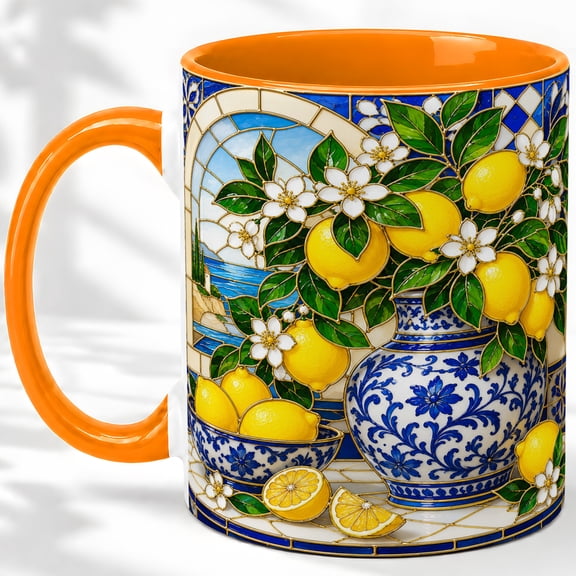 Lemon Stained Glass Coffee Mug, Blue Porcelain Vase Art, Citrus Home Decor