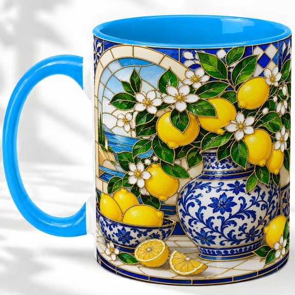 Lemon Stained Glass Coffee Mug, Blue Porcelain Vase Art, Citrus Home Decor