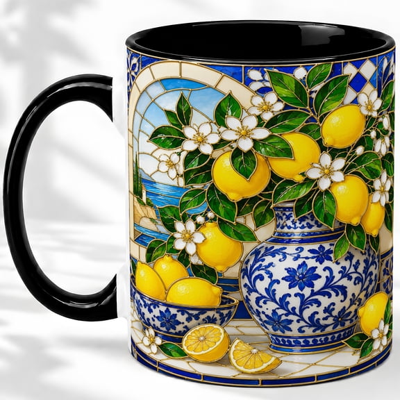 Lemon Stained Glass Coffee Mug, Blue Porcelain Vase Art, Citrus Home Decor