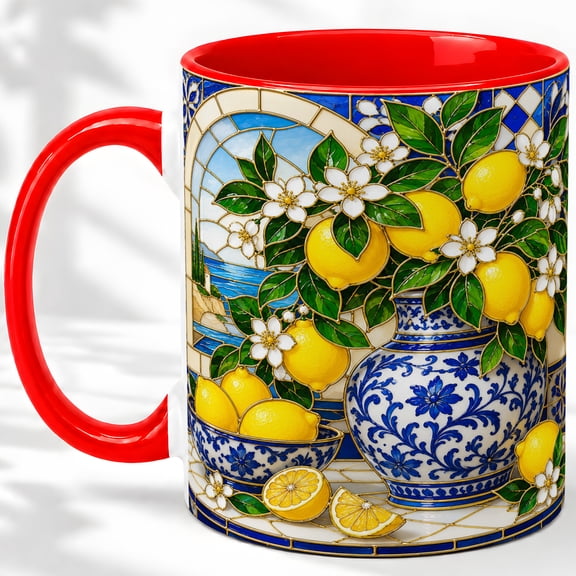 Lemon Stained Glass Coffee Mug, Blue Porcelain Vase Art, Citrus Home Decor