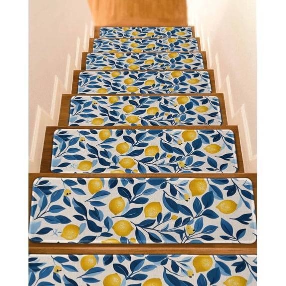 Lemon Stair Treads for Wooden Steps Indoor Runner Rug Carpet, Watercolor Yellow Blue Fruit Branch Flower 15 Pieces Peel and Stick Staircase Step Treads Covers Washable Throw Door Mats, 30"x8"