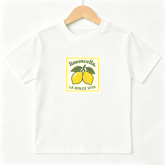 Lemon Stamp Limoncello Girls Graphic Tee, Cute Italy Beach 100% Cotton Kids Short Sleeve T-Shirt 4-13Y
