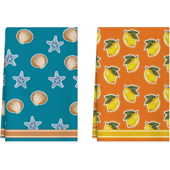 Lemon Starfish Seashells Summer Kitchen Towels Dish Towels 18x26 Inch Home Decorations Hand Towels Set of 2 Drying Dishcloth