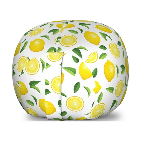 Lemon Storage Toy Bag Chair, Lemons and Leaves Half Sliced Summer Juicy Fruit Art Illustration, Stuffed Animal Organizer Washable Bag, Small Size, Yellow Fern Green, by Ambesonne