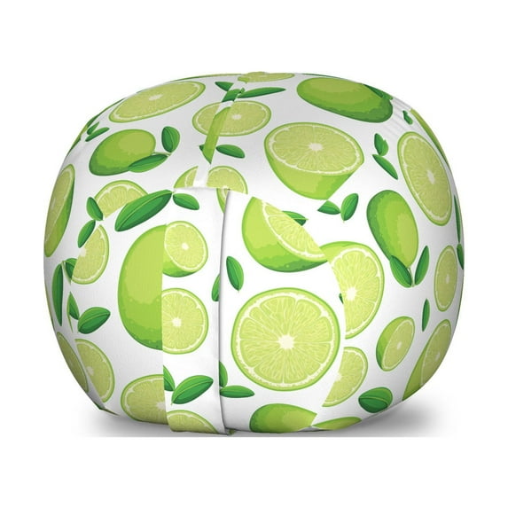 Lemon Storage Toy Bag Chair, Monochrome Style Scene of Sliced and Whole Limes Juicy Sour Organic Food Theme, Stuffed Animal Organizer Washable Bag, Small Size, Green and White, by Ambesonne