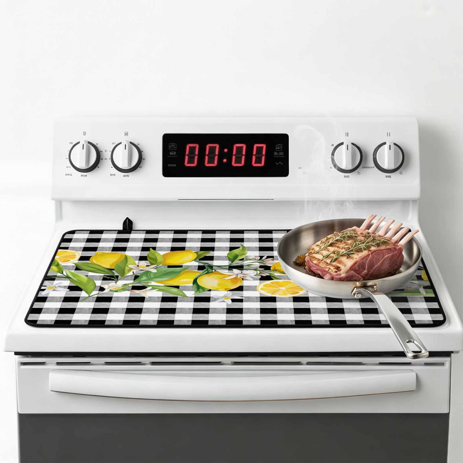 Lemon Stove Top Cover for Electric Stove, Heat-proof & Non Slip Glass Top Stove Cover Protector, Farmhouse Summer Botanical Fruit Black White Plaid Kitchen Flat Cooktop Rubber Mat 24x21 Inches