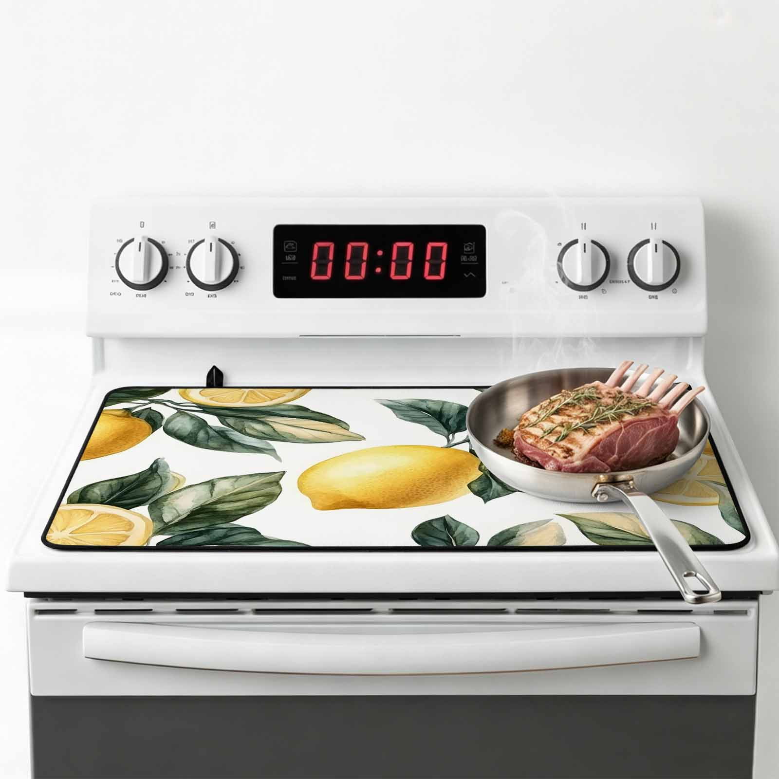 Lemon Stove Top Cover for Electric Stove, Heat-proof & Non Slip Glass Top Stove Cover Protector, Summer Yellow Fruit Country Spring Leaf Plant Kitchen Flat Cooktop Rubber Mat 24x21 Inches