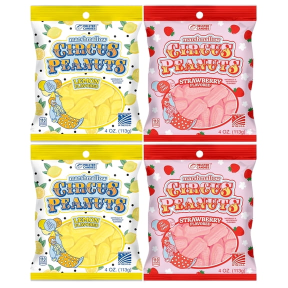 Lemon & Strawberry Flavored Circus Peanut Candies, Chewy Candy, 4 oz Bags, 4-Count Pack, for Party Favors, Snacking, Gift Baskets, Stocking Stuffers, and Goodie Bag Fillers
