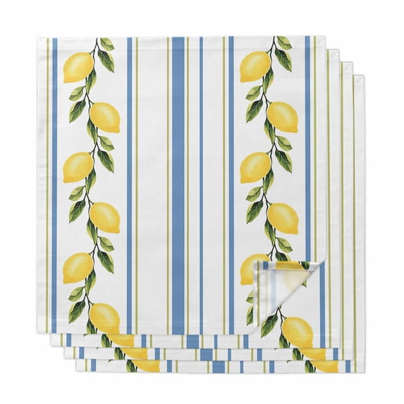 Lemon Striped Cloth Napkins, Yellow Fruit Blue White Geometric Washable and Reusable Dinner Napkins Set of 4, Table Napkin for Kitchen Party Birthday Wedding Hotel Housewarming 20"x20"