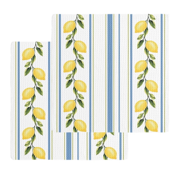 Lemon Striped Dish Towels Set, Waffle Weave Kitchen Towels 2 Pieces, Yellow Fruit Blue White Geometric Microfiber Hair Face Bath Tea Towel Absorbent Quick Drying Cleaning Dish Cloths, 12"x12"