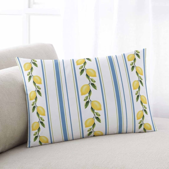 Lemon Striped King Size Pillow Cover, Pillowcase Protectors with Zipper, Breathable Decorative Throw Pillow Case Cover, Yellow Fruit Blue White Geometric Pillow Shams for Couch Sofa 20x36Inch