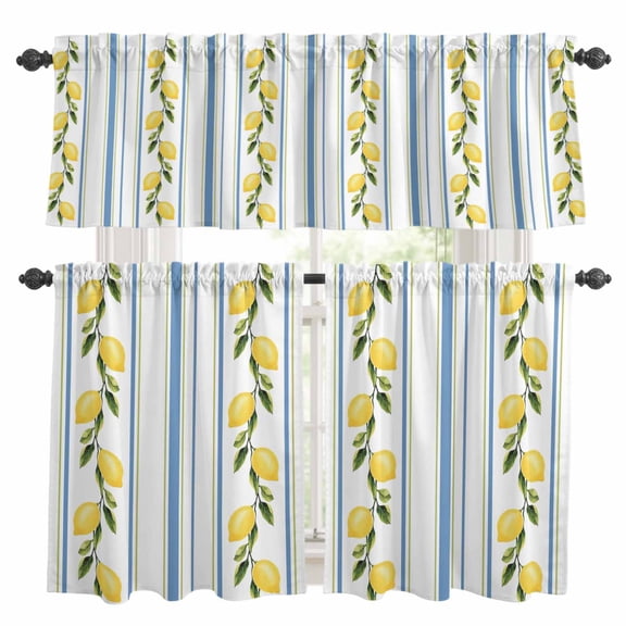Lemon Striped Kitchen Curtains, Kitchen Curtains and Valances Set of 3, Yellow Fruit Blue White Geometric Light Filtering Tailored Tier Curtain 36 Inch Length Drapes for RV Cafe Bathroom Bedroom