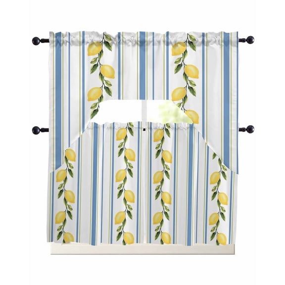 Lemon Striped Kitchen Curtains Set for Windows 3 Piece Cafe Curtains 24 Inch Length Swag Curtains Valances and Tier Set Yellow Fruit Blue White Geometric Drapes for Bedroom Bathroom Living Room