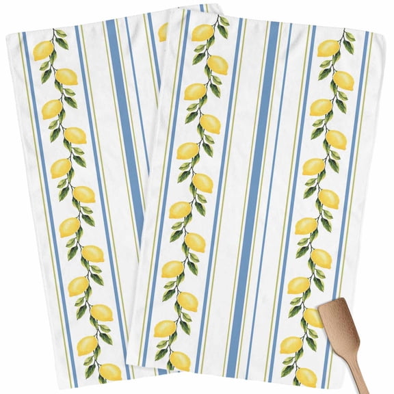 Lemon Striped Kitchen Towel Dish Cloths Set of 2, Microfiber Soft Kitchen Hand Towels, Yellow Fruit Blue White Geometric Absorbent Quick Drying Dishcloths 18 x 28 Inches